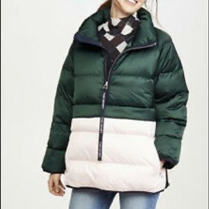 Tory Burch Down Satin Pullover. Size Large. Color: Conifer/ Cotton Pink